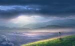  1girl amano_hina_(tenki_no_ko) clouds cloudy_sky day grass kazu9029-paint mountainous_horizon outdoors scenery sky solo tenki_no_ko 