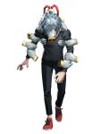  1boy absurdres arm_grab black_pants black_shirt boku_no_hero_academia collarbone commentary_request full_body grey_hair hand_on_own_face highres himmel_(allsky83) long_sleeves looking_at_viewer male_focus multiple_hands pants red_eyes red_footwear shigaraki_tomura shirt shoes short_hair simple_background sneakers solo white_background 