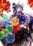  1girl absurdres autumn_leaves balloon bare_shoulders black_hair blush bow breasts collarbone foot_out_of_frame fur_trim gold_trim hair_between_eyes hair_ornament hair_tubes highres horns japanese_clothes jewelry kanzashi kimono light_purple_hair long_hair looking_at_viewer medium_breasts mole mole_under_mouth multicolored_hair necklace nijisanji off-shoulder_kimono oni oni_horns pelvic_curtain platform_footwear pointy_ears pom_pom_(clothes) purple_kimono rin31153336 rindou_mikoto short_eyebrows skin-covered_horns smile solo streaked_hair thick_eyebrows thigh-highs thigh_strap very_long_hair violet_eyes virtual_youtuber 