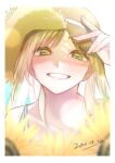  1girl absurdres blonde_hair blurry commentary depth_of_field dress flower green_eyes grin hat highres long_hair looking_at_viewer original portrait rinku_(rin9) shaded_face smile solo straw_hat sundress sunflower 