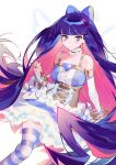  1girl bangs bare_shoulders blue_eyes blunt_bangs blush bow breasts choker collarbone commentary elbow_gloves eyebrows_visible_through_hair feet_out_of_frame gloves hair_bow heart highres long_hair looking_at_viewer medium_breasts panty_&amp;_stocking_with_garterbelt pink_hair purple_hair seoji simple_background solo stocking_(psg) thigh-highs very_long_hair white_background zettai_ryouiki 
