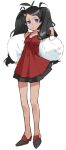  0_8_5_ohako 1boy antenna_hair black_footwear black_hair blue_eyes closed_mouth commentary_request crossdressinging dress eyelashes full_body goh_(pokemon) hand_in_hair hand_on_hip high_heels long_hair looking_to_the_side pokemon pokemon_(anime) pokemon_swsh_(anime) red_dress solo standing twintails white_background 