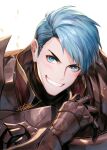  1boy armor bangs blue_eyes blue_hair blush breastplate caspar_von_bergliez danhu fire_emblem fire_emblem:_three_houses gauntlets grin looking_at_viewer male_focus red_armor short_hair signature simple_background smile solo upper_body v-shaped_eyebrows white_background 