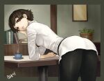  1girl ass bent_over blouse braid brown_hair cafe capri_pants casual crown_braid highres looking_back niijima_makoto ozkh pants persona persona_5 red_eyes short_hair solo 