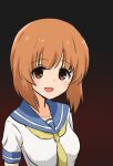  1girl bangs black_background blouse blue_sailor_collar brown_eyes brown_hair cosplay eyebrows_visible_through_hair girls_und_panzer highres higurashi_no_naku_koro_ni looking_at_viewer nasunael neckerchief nishizumi_miho open_mouth portrait ryuuguu_rena ryuuguu_rena_(cosplay) sailor_collar school_uniform serafuku short_hair short_sleeves smile solo white_blouse yellow_neckwear 