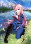  1192907420 1girl blue_eyes boots gun long_hair magic_circle military military_uniform original pink_hair sword uniform weapon 