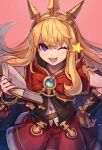  1girl :d ;) blonde_hair book bracer cagliostro_(granblue_fantasy) granblue_fantasy hairband hand_on_hip highres holding kuroi_susumu long_hair one_eye_closed open_mouth simple_background smile solo spiked_hairband spikes tiara violet_eyes 