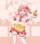  1girl ahoge alternate_costume bell blush chef_hat cherry_blossom_print curry curry_rice floral_print food green_eyes hair_bell hair_ornament hairclip hat highres hololive ist_lei_mikan leg_garter open_mouth pink_hair rice sakura_miko solo table taiyaki upper_teeth virtual_youtuber wagashi x_hair_ornament 