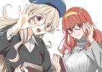  2girls bangs beret black_sweater blunt_bangs book breasts celica_(fire_emblem) corrin_(fire_emblem) corrin_(fire_emblem)_(female) cuffs eyelashes faye_(fire_emblem) fire_emblem fire_emblem_echoes:_shadows_of_valentia glasses grey_sweater hair_between_eyes hairband hat holding holding_book holding_eyewear jewelry light_brown_hair long_hair medium_breasts misu_kasumi multiple_girls necklace open_mouth red_eyes redhead shadow simple_background smile sweater turtleneck white_background 