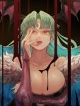  1girl aqua_hair bangs bare_shoulders black_background blood blood_on_breasts breasts bridal_gauntlets collarbone covered_nipples cropped demon_girl fangs finger_licking fingernails fur_trim gradient gradient_hair green_hair head_wings licking long_fingernails long_hair morrigan_aensland multicolored multicolored_hair open_mouth pink_nails renkoma shiny shiny_skin solo succubus tongue tongue_out vampire vampire_(game) wings yellow_eyes 