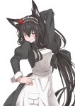  1girl absurdres alternate_costume animal_ears apron arm_behind_head arm_up bangs black_dress black_hair blush closed_eyes commentary_request dress enmaided eyebrows_visible_through_hair flower fox_ears fox_girl hair_between_eyes hand_on_hip headdress highres hololive kurokami_fubuki long_hair maid micon red_flower red_rose rose sidelocks simple_background smile solo very_long_hair virtual_youtuber white_apron white_background 