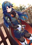  1girl ameno_(a_meno0) blue_eyes blue_hair cape fence fingerless_gloves fire_emblem fire_emblem_awakening gloves highres long_hair lucina lucina_(fire_emblem) outdoors pantyhose plant smile solo symbol-shaped_pupils tiara 