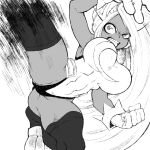  1girl absurdres boku_no_hero_academia breasts clenched_hand clenched_teeth commentary covered_navel dark_skin floating_hair frown gloves greyscale half-closed_eye hand_up highres kicking large_breasts leg_up leotard long_hair mirko monochrome motion_blur rye_(hyn_uka) solo spread_legs teeth thigh-highs toned very_long_hair wide-eyed 