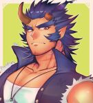  1boy bara bare_shoulders chest collared_jacket dark_blue_hair facial_hair fang highres horns jewelry looking_at_viewer male_focus muscle necklace red_eyes short_hair sideburns solo stubble takemaru_(tokyo_houkago_summoners) thick_eyebrows tokyo_houkago_summoners torn_clothes touou upper_body 