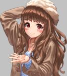  1girl blue_shirt blush brown_coat brown_hair brown_headwear coat collarbone commentary_request eyebrows_visible_through_hair fur_hat grey_background hat idolmaster idolmaster_cinderella_girls idolmaster_cinderella_girls_starlight_stage jewelry kamiya_nao long_hair looking_at_viewer misogin necklace red_eyes shirt simple_background smile solo wavy_hair 