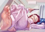  1girl air_conditioner barefoot blurry blurry_background feet glasses holding indoors lying on_back on_floor open_mouth original pajamas pantylines redhead soles solo soon tablet_pc tatami toes 