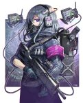  1girl armband backpack bag bangs blue_gloves border commentary_request cowboy_shot gas_mask gia gloves grey_hair gun headset highres holding holding_gun holding_weapon looking_at_viewer mask medium_hair mouth_mask multicolored multicolored_eyes original outside_border profile robot solo trigger_discipline violet_eyes weapon white_border 