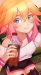 1girl blue_eyes borrowed_character bottle bow bow_legwear bra_strap brown_bow brown_legwear brown_shorts closed_mouth dated dolphin_shorts dr_pepper earrings glasses gradient_hair highres holding holding_bottle hoop_earrings jewelry katou_(katomon) looking_at_viewer multicolored_hair orange_hair original pink_hair shirt shorts signature sitting smile soda_bottle solo temachii thigh-highs white_shirt yellow-framed_eyewear yellow_pupils 