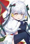  1girl absurdres ahoge bell black_gloves black_legwear bow capelet elbow_gloves fate/grand_order fate_(series) fur-trimmed_capelet fur_trim gloves green_bow green_ribbon headpiece highres jeanne_d&#039;arc_(fate)_(all) jeanne_d&#039;arc_alter_santa_lily long_hair ribbon same_(sendai623) silver_hair sitting solo striped striped_bow striped_ribbon thigh-highs white_capelet yellow_eyes 