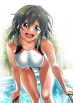  1girl :d bare_shoulders breasts collarbone commentary_request competition_swimsuit dark_green_hair dark_skin hair_between_eyes idolmaster idolmaster_cinderella_girls k2isu large_breasts looking_at_viewer natalia_(idolmaster) one-piece_swimsuit open_mouth pool short_hair smile solo swimsuit violet_eyes water wet white_background white_swimsuit 