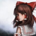  1girl absurdres ai_hajime bangs bow brown_eyes brown_hair closed_mouth collared_shirt commentary_request detached_sleeves eyebrows_visible_through_hair frilled_bow frilled_shirt_collar frills from_behind grey_background hair_bow hair_over_shoulder hair_tubes hakurei_reimu highres light_blush looking_away looking_to_the_side medium_hair partial_commentary portrait red_bow red_ribbon red_shirt ribbon ribbon-trimmed_sleeves ribbon_trim shirt sidelocks sleeveless sleeveless_shirt solo swept_bangs touhou upper_body 