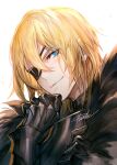  1boy armor black_armor black_eyepatch blonde_hair blue_eyes blush breastplate closed_mouth danhu dimitri_alexandre_blaiddyd fire_emblem fire_emblem:_three_houses fur_trim gauntlets hand_up looking_at_viewer male_focus medium_hair one_eye_covered signature simple_background smile solo upper_body white_background 