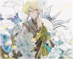  1boy blonde_hair blue_eyes closed_mouth earrings feather_earrings feathers flower grey_background japanese_clothes jewelry male_focus natsuno_(natutun) simple_background solo taikou_samonji touken_ranbu 