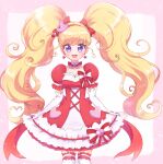  1girl :d absurdres asahina_mirai blonde_hair bow cure_miracle cure_miracle_(ruby_style) dress dress_bow earrings elbow_gloves gloves hair_bow hat hat_ornament heart heart_earrings heart_hat_ornament highres jewelry long_hair looking_at_viewer magical_girl mahou_girls_precure! mini_hat mini_witch_hat open_mouth pink_background pink_headwear precure puffy_sleeves red_bow red_dress rii_(rii0_02) skirt_hold smile solo thigh-highs twintails violet_eyes white_gloves white_legwear witch_hat 