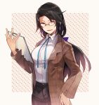  1girl black_hair black_pants blue_neckwear border brown_coat clipboard coat collared_shirt commentary_request dress_shirt earrings glasses holding holding_clipboard hyakuhachi_(over3) jewelry long_hair low_tied_hair open_clothes open_coat open_mouth original pants patterned_background shirt shirt_tucked_in violet_eyes white_border white_shirt 