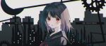  1girl bangs black_hair black_sailor_collar black_shirt blush eyebrows_visible_through_hair facial_mark gears grey_background looking_at_viewer neckerchief original parted_lips red_eyes red_neckwear sailor_collar seno_(senohime) shirt skyline solo translation_request upper_body 