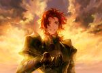  1boy armor bangs breastplate brown_eyes clouds danhu eyebrows_visible_through_hair eyes_visible_through_hair fire_emblem fire_emblem:_three_houses fur_trim gauntlets grin looking_at_viewer male_focus outdoors outstretched_hand pauldrons redhead short_hair shoulder_armor signature sky smile solo sylvain_jose_gautier twilight upper_body 