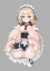  1girl absurdres apron barefoot blonde_hair braid braided_bangs dodo_(purofu_hitsudoku) feet g36_(girls_frontline) girls_frontline green_eyes highres long_hair maid maid_apron maid_dress maid_headdress no_shoes panties panties_under_pantyhose pantyhose ponytail puffy_sleeves soles underwear white_apron white_panties 