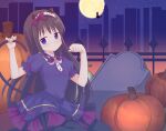  1girl akemi_homura animal_ears bangs black_hair blush bow cat_ears commentary_request dress eyebrows_visible_through_hair fake_animal_ears fake_tail fence full_moon grabbing_own_tail hair_bow halloween highres long_hair mahou_shoujo_madoka_magica moon paw_pose pumpkin purple_bow purple_dress ruru_(rurumagi) short_sleeves solo_focus tail tombstone violet_eyes witch 