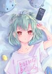  1girl absurdres ahoge arm_up bandaid bandaid_on_arm bangs bed_sheet blue_nails blush cellphone clothes_writing collarbone double_bun eyebrows_visible_through_hair green_hair highres hololive huge_filesize looking_at_viewer nail_polish parted_lips phone red_eyes shin_murasame shirt short_hair short_sleeves solo stuffed_animal stuffed_cat stuffed_toy upper_body uruha_rushia virtual_youtuber white_shirt wide_sleeves 