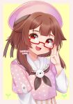  1girl :3 :d adjusting_eyewear black_neckwear border brown_hair glasses hair_flaps hand_up hat highres indie_virtual_youtuber kaheru_(vtuber) long_sleeves looking_at_viewer neckerchief open_mouth pink_headwear pink_shirt red-framed_eyewear red_eyes sailor_collar sailor_hat semi-rimless_eyewear shirt short_over_long_sleeves short_sleeves simple_background smile solo temachii under-rim_eyewear upper_body white_border white_sailor_collar yellow_background 