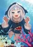 1girl :d animal_hood atora bangs blue_eyes blue_hair blue_hoodie blue_nails blurry blurry_foreground claw_pose commentary_request coral day depth_of_field drawstring gawr_gura hands_up highres hololive hololive_english hood hood_up hoodie long_sleeves looking_at_viewer multicolored_hair nail_polish ocean open_mouth outdoors shark_hood sharp_teeth shoes smile solo streaked_hair teeth underwater virtual_youtuber water white_footwear white_hair wide_sleeves 