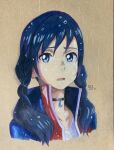  1girl absurdres amano_hina_(tenki_no_ko) blue_hair blue_jacket braid brown_background collarbone colored_pencil_(medium) cropped_torso hair_over_shoulder highres jacket jewelry long_hair looking_at_viewer open_clothes open_jacket open_mouth part66175290 pendant rain shiny shiny_hair solo tenki_no_ko traditional_media twin_braids twintails wet wet_hair 