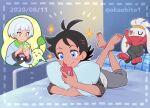  1boy artist_name barefoot black_hair blue_eyes blush capri_pants chikorita closed_mouth commentary_request dated eyelashes gen_2_pokemon gen_4_pokemon gen_8_pokemon goh_(pokemon) indoors lying okaohito1 on_bed on_stomach pants pokemon pokemon_(anime) pokemon_(creature) pokemon_swsh_(anime) raboot rotom rotom_phone sleeves_past_elbows smile soles sparkle spoken_character toes tokio_(pokemon) watermark 