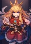  1girl blonde_hair book bracer cagliostro_(granblue_fantasy) granblue_fantasy grin hairband hand_on_hip highres kuroi_susumu long_hair looking_at_viewer simple_background smile smirk solo spiked_hairband spikes tiara violet_eyes 