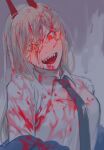  1girl bangs blonde_hair blood blood_on_face bloody_clothes blue_neckwear chainsaw_man crazy_eyes crosshair_pupils grey_background hair_between_eyes highres horns kumofuki long_hair necktie open_mouth power_(chainsaw_man) red_eyes red_horns sharp_teeth shirt simple_background solo teeth upper_body white_shirt yellow_pupils 