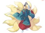  1boy animal_ear_fluff animal_ears blonde_hair closed_mouth fan folding_fan fox_ears fox_tail full_body hakama_pants hand_up hat highres holding holding_fan kitsune kotatsu_(g-rough) long_hair long_sleeves male_focus multiple_tails original pants red_pants short_eyebrows signature simple_background solo tabi tail tate_eboshi white_background white_legwear wide_sleeves 