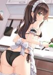 1girl apron ass bangs black_bra black_panties blush bow bra breasts brown_hair closed_mouth commentary_request cooking copyright_request cowboy_shot eyebrows_visible_through_hair frilled_apron frills green_eyes holding holding_ladle indoors keiran_(ryo170) kitchen ladle long_hair looking_at_viewer looking_back maid maid_headdress medium_breasts panties side-tie_panties solo standing thigh-highs underwear waist_apron white_apron white_bow white_legwear wrist_cuffs 