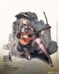  artist_request bangs blue_eyes eyebrows_visible_through_hair faux_figurine fx-05_(girls_frontline) girls_frontline grey_hair guitar hat high_heels highres instrument long_hair long_sleeves looking_to_the_side music official_art one_knee open_mouth pantyhose playing_instrument sombrero torn_clothes torn_legwear 