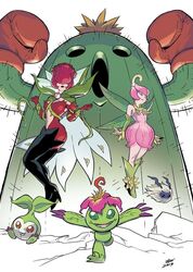  2019 2girls bare_shoulders black_lipstick bodysuit boots boxing_gloves cactus cape claws covered_eyes dated digimon digimon_adventure: dress elbow_gloves fairy flower gloves green_eyes ivan_fiorelli leaf leaf_wings lillymon lipstick makeup midriff monster_girl multiple_girls palmon plant plant_girl plant_hair rosemon smile tanemon thigh-highs thigh_boots togemon vines wings yuramon 