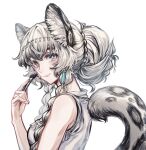  1girl akakeru animal_ear_fluff animal_ears arknights bangs bare_shoulders blush braid commentary_request dress grey_eyes hand_up highres holding leopard_ears leopard_tail long_hair looking_at_viewer pramanix_(arknights) silver_hair simple_background sleeveless sleeveless_dress smile solo tail tied_hair twin_braids white_background 