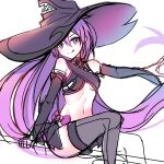  1girl :q aisha_landar bangs black_headwear black_sleeves blush breasts closed_mouth detached_sleeves elsword eyebrows_visible_through_hair grey_legwear hair_between_eyes hat highres long_hair long_sleeves looking_at_viewer navel outstretched_arm oz_sorcerer_(elsword) purple_hair revealing_clothes simple_background sketch small_breasts smile solo thigh-highs tongue tongue_out very_long_hair violet_eyes white_background wide_sleeves witch_hat xes_(xes_5377) 