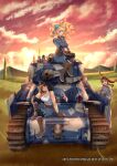  3girls black_hair blonde_hair blue_eyes breasts brown_eyes brown_hair caterpillar_tracks clouds drill_hair english_commentary evening gloves grass grey_eyes ground_vehicle hair_ribbon hat headphones highres hill long_hair medium_breasts military military_hat military_uniform military_vehicle motor_vehicle multiple_girls original ribbon senjou_no_valkyria senjou_no_valkyria_1 sitting smile sunlight tank tank_top tree twintails uniform white_namikaze wind wind_lift 
