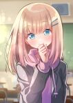  1girl blonde_hair blue_eyes blush chalkboard classroom desk hair_ornament hairclip hand_up hood hood_down indoors kawanobe light_brown_hair long_sleeves medium_hair original purple_hoodie school_desk school_uniform smile speaker twitter_username upper_body 