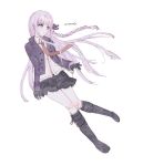  1girl bangs black_footwear black_gloves black_jacket black_ribbon blunt_bangs boots braid breasts commentary dangan_ronpa:_trigger_happy_havoc dangan_ronpa_(series) derivative_work gloves hair_ornament hair_ribbon highres jacket kirigiri_kyouko knee_boots kneehighs long_hair long_sleeves looking_at_viewer melo_(waterme1o) miniskirt necktie pleated_skirt purple_hair ribbon shirt side_braid simple_background single_braid skirt solo violet_eyes white_background white_shirt 