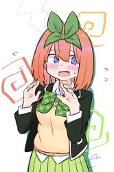  1girl bangs blue_eyes blush bow collared_shirt colored_shadow drop_shadow eyebrows_behind_hair flying_sweatdrops go-toubun_no_hanayome green_bow green_jacket green_ribbon green_skirt hair_between_eyes hair_ribbon hands_up highres jacket kujou_karasuma nakano_yotsuba open_clothes open_jacket open_mouth orange_hair pleated_skirt ribbon school_uniform shadow shirt signature skirt solo sweat sweater_vest white_background white_shirt 